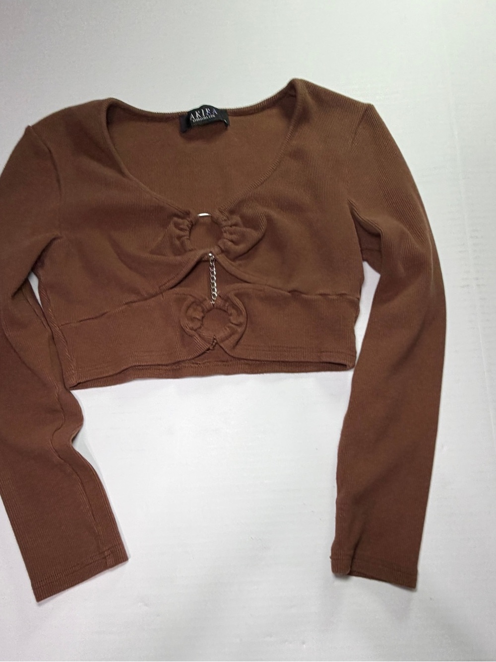 AKIRA Brown Ring Cutout Crop Top Long Sleeve Going Out Top M